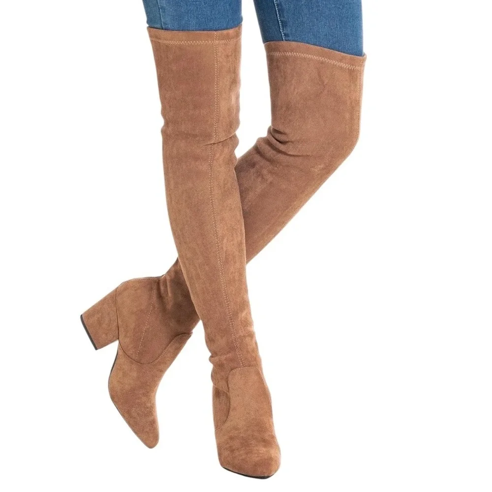 Tan Vegan Suede Over The Knee Boots EU 42‎ US 11 Block Heel Thigh High Boho Chic